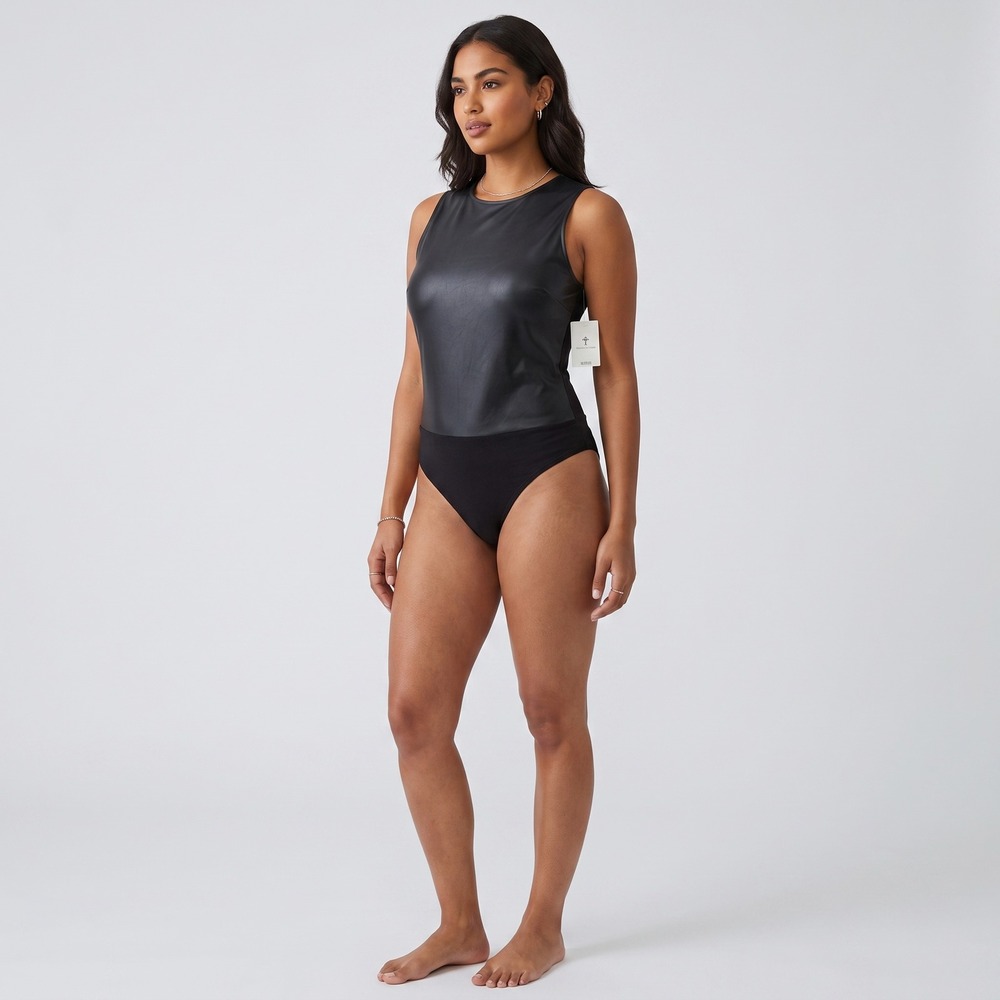 Tiny Willow Bodysuit Women NWT XL Black Faux Leather Cutout Back Sleeveless